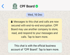 CPF Board WhatsApp account sample, showing how to verify the sender's identity