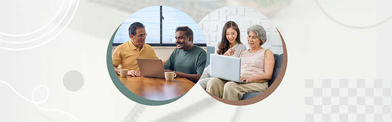 Elderly with children, looking at laptop