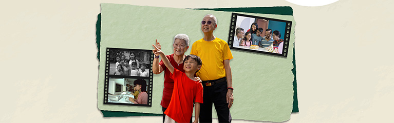 Happy seniors taking a stroll with young boy