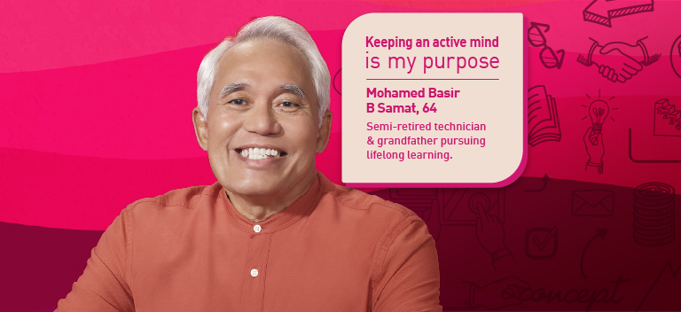 Elderly man smiling with the caption: keeping an active mind is my purpose