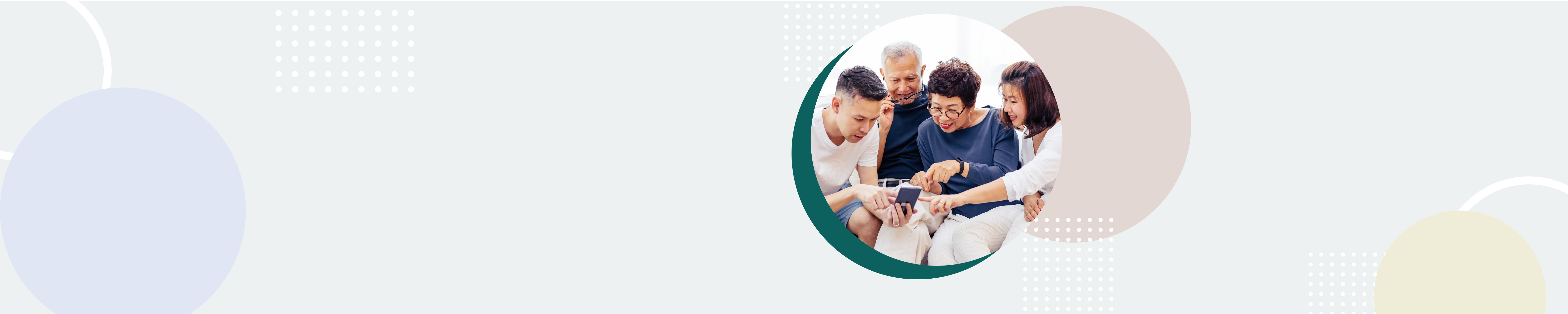 Happy family of 4, looking at handphone