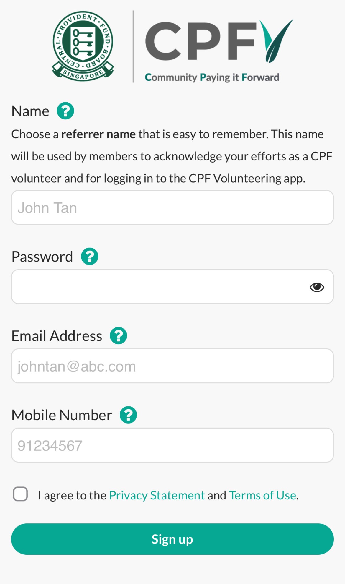 CPFV mobile app registration page