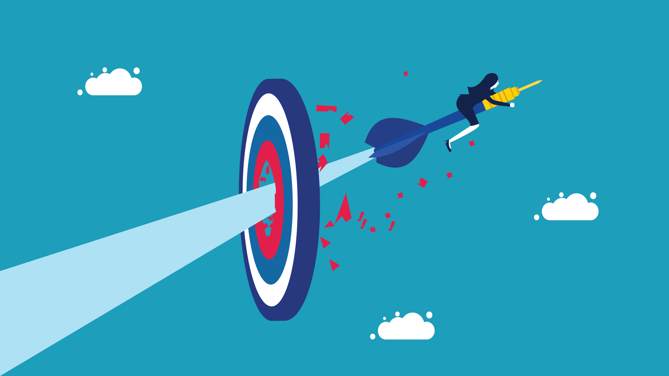 Businesswoman flying on rocket and breaking through her target