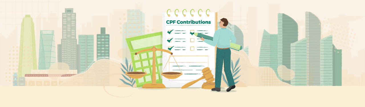 Man holding giant pencil writing on cpf contributions document with buildings in background 