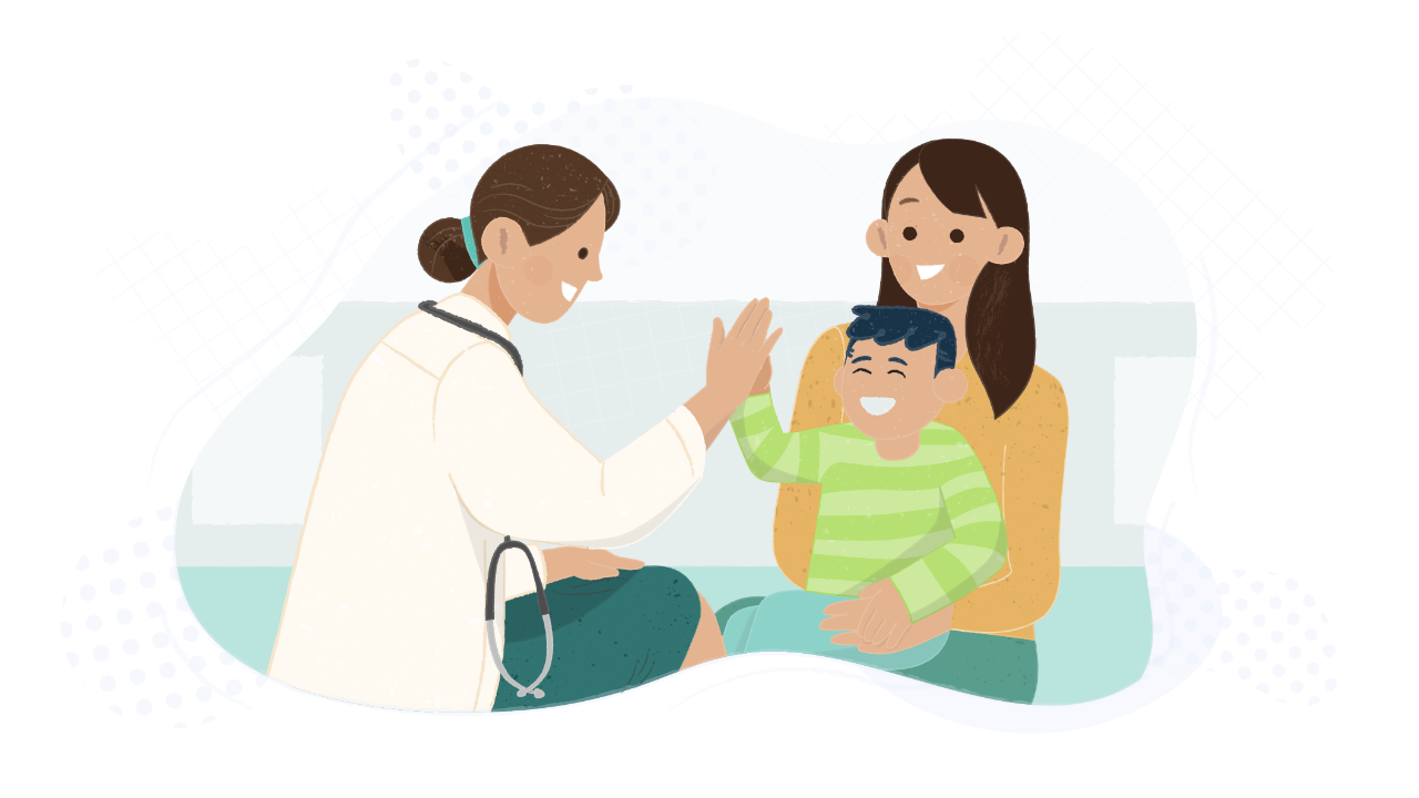 Doctor giving high five to child sitting on mother