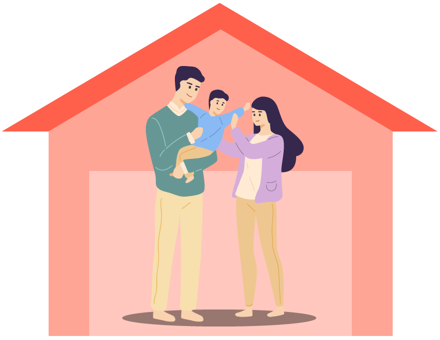 father, mother and child inside a house