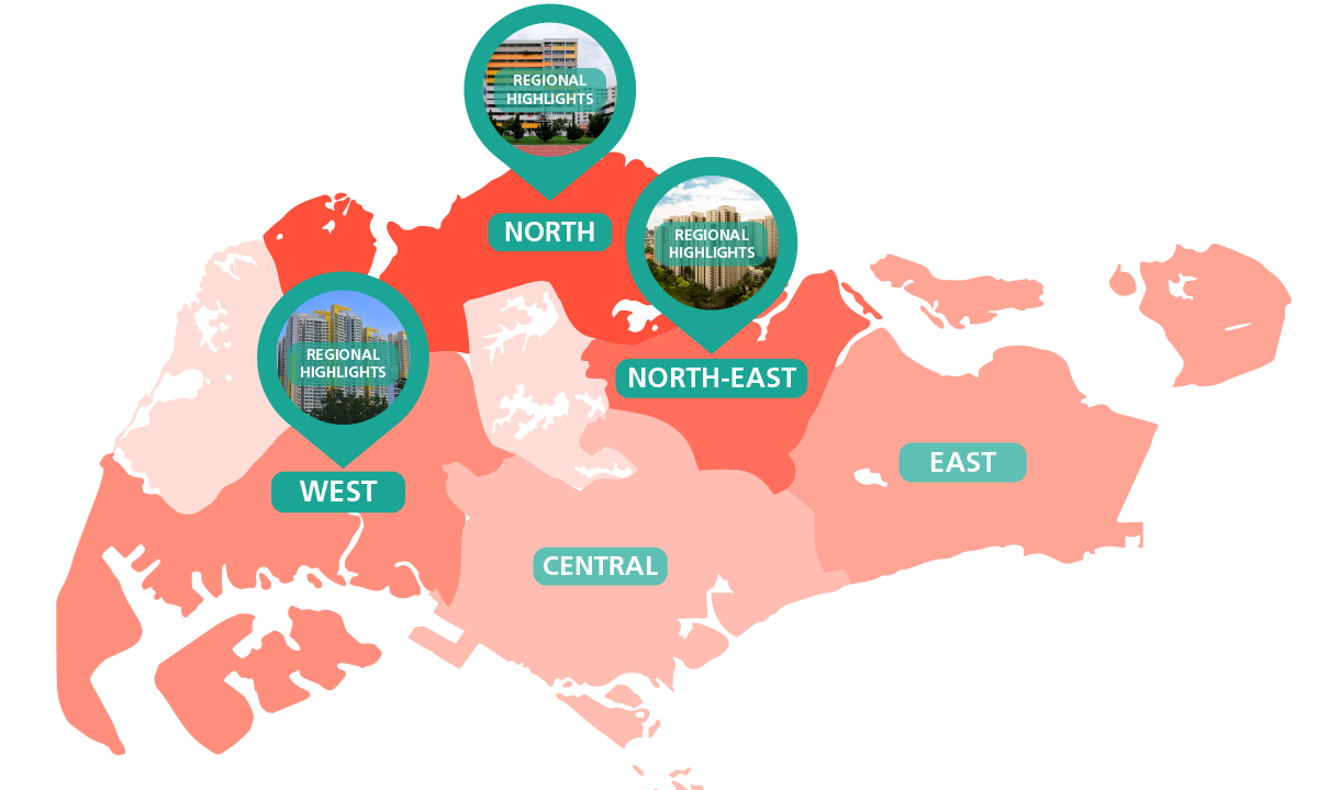 west, north and north east region on Singapore Map