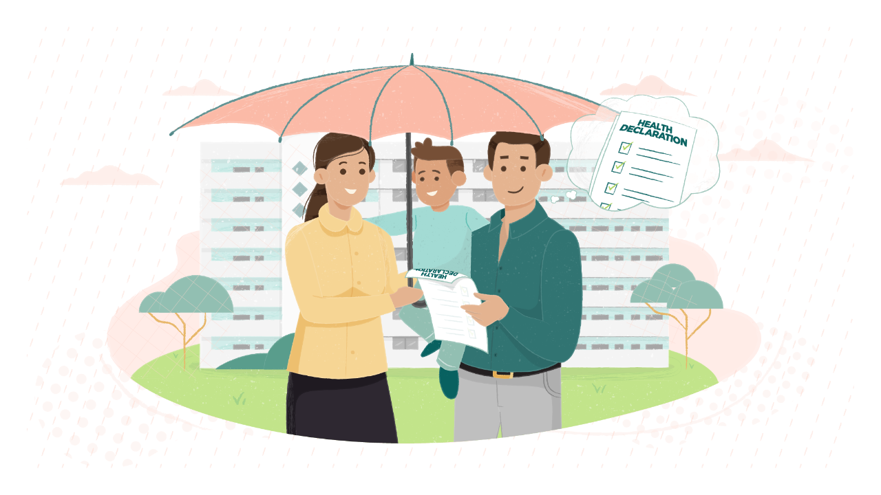 Family of three under an umbrella while holding a health declaration form