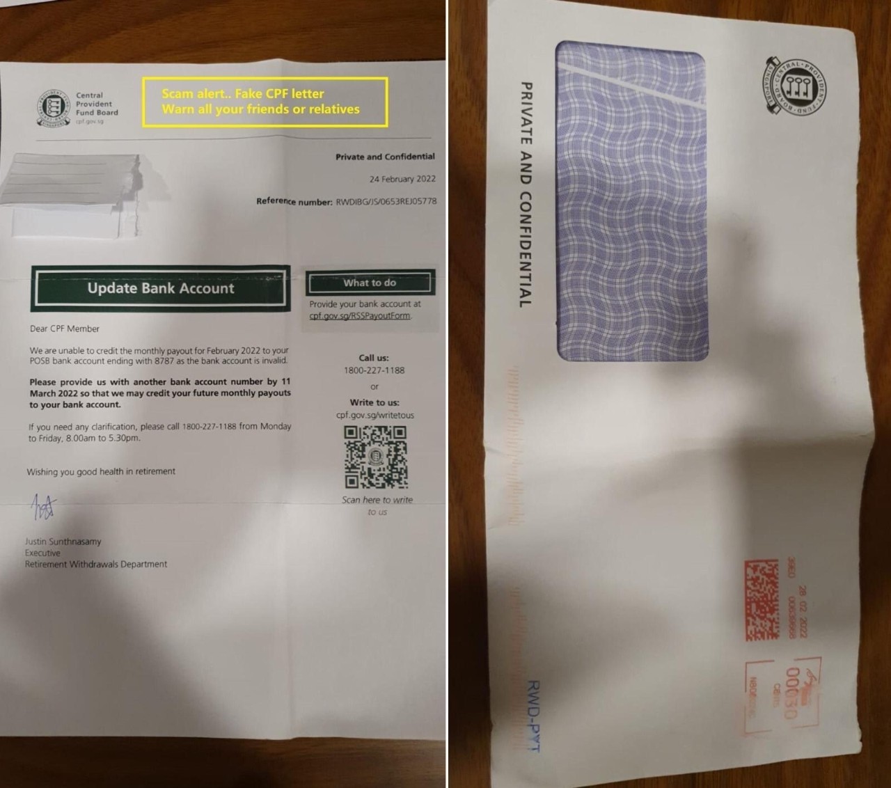 False scam alert regarding letter sent by CPF Board