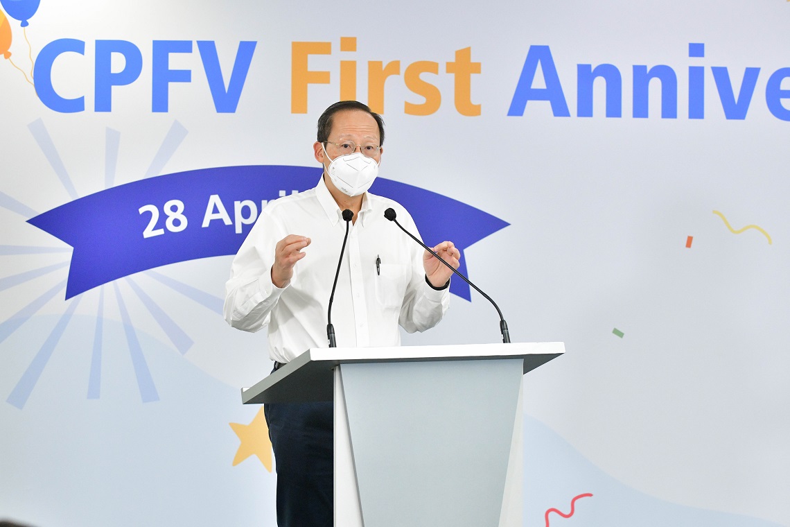 Minister for Manpower Dr Tan See Leng giving his speech at CPFV First Anniversary event