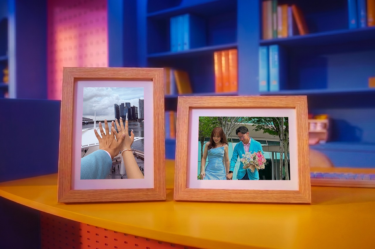 2 photo frames of someone getting engaged and married