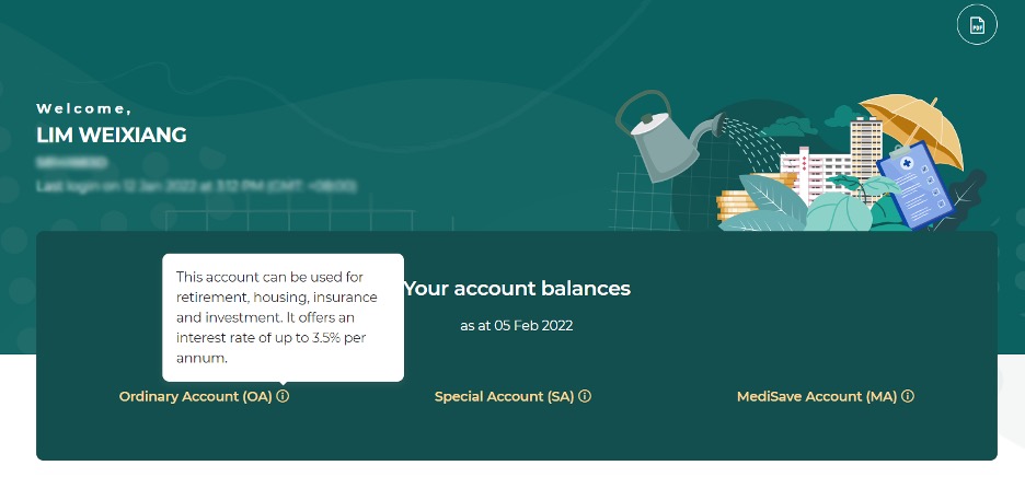 A screenshot of the CPF account dashboard showing a summary of the CPF balances viewed through CPF website. 