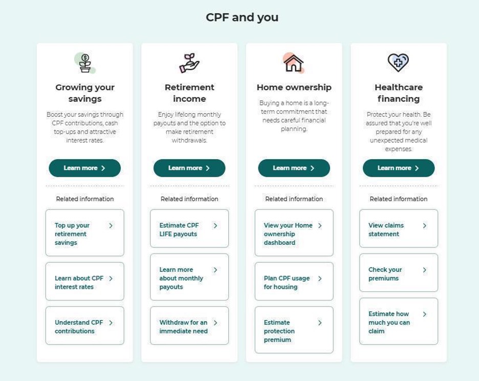 A screenshot of information categorized in different topic pillars on the CPF website. 
