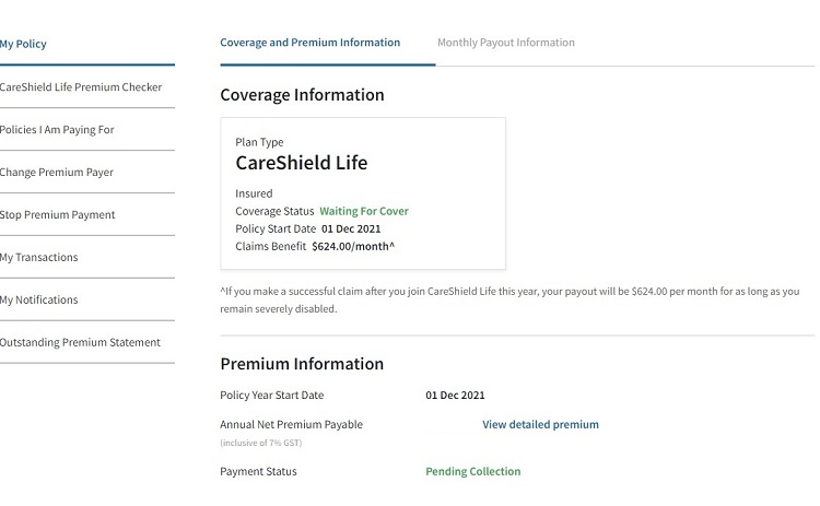 Screenshot of Heartland Boy’s mother’s CareShield Life coverage and premium information.