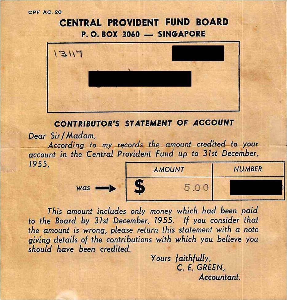 CPF statement of account in 1955 CPF statement of account in 1955