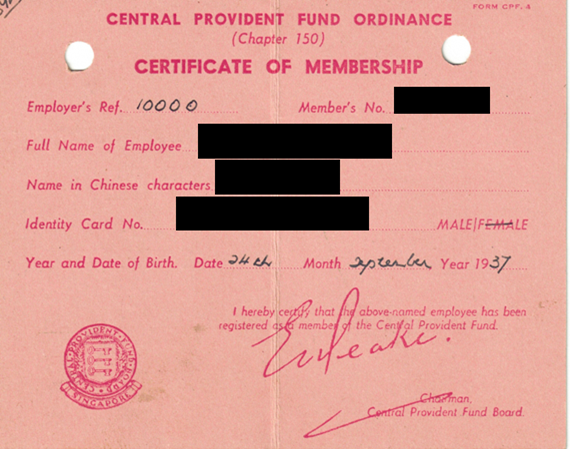 A certificate of membership of a CPF member in the early days. Each certificate was individually hand-signed by then-CPF Board Chairman, E.L. Peake. 