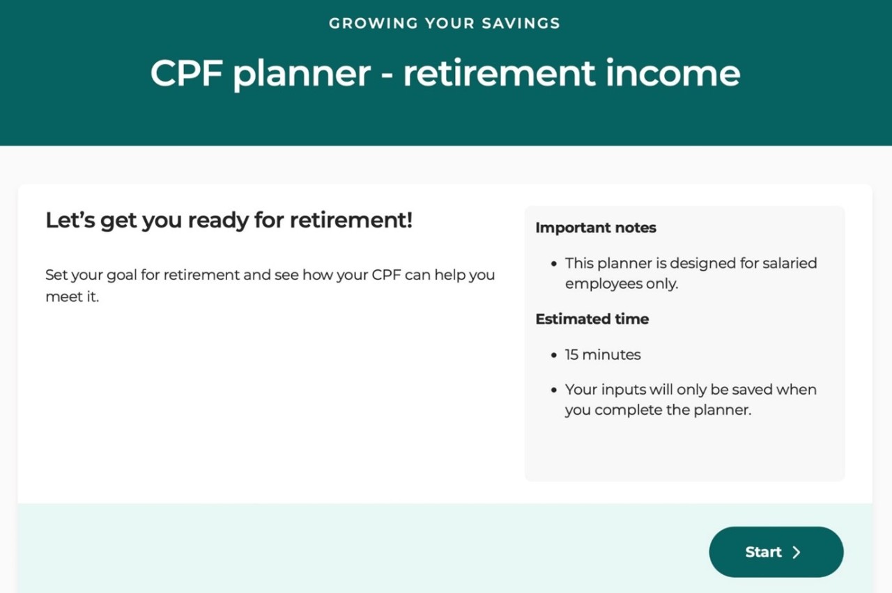 Screenshots of CPF planner retirement income calculator