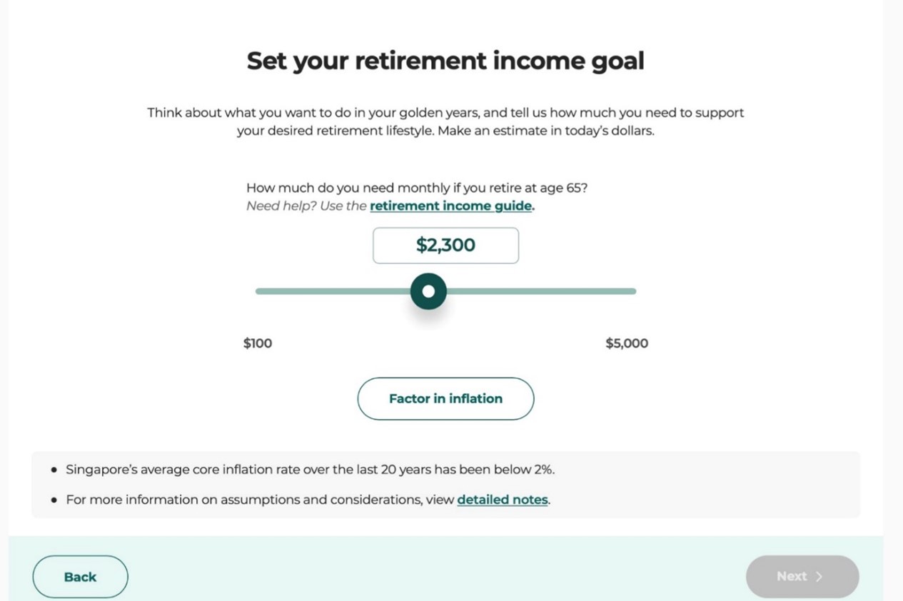 Screenshot of CPF planner retirement income goal