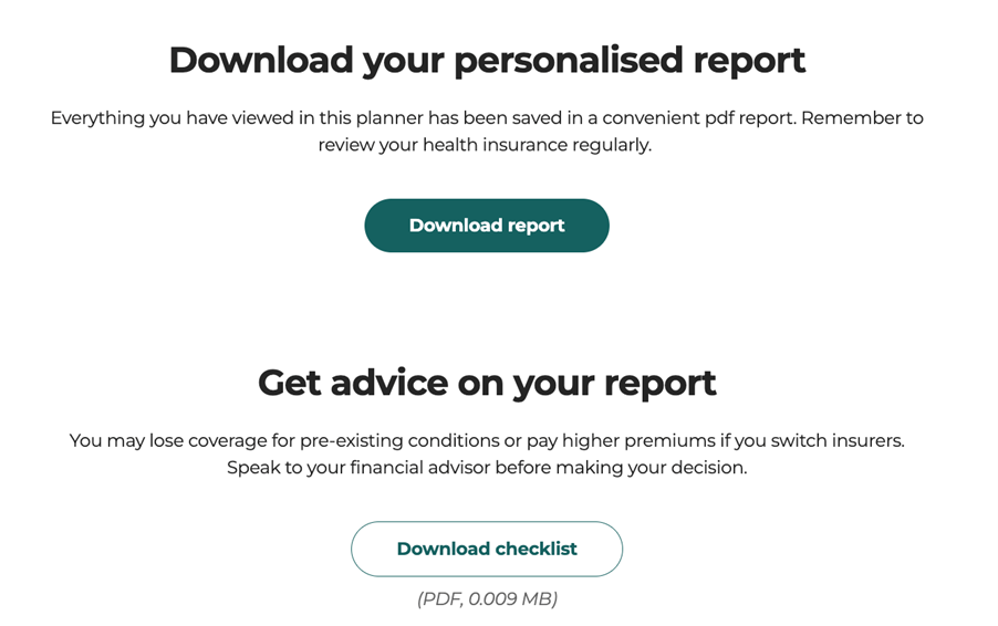 personalised report after using the Health Insurance Planner