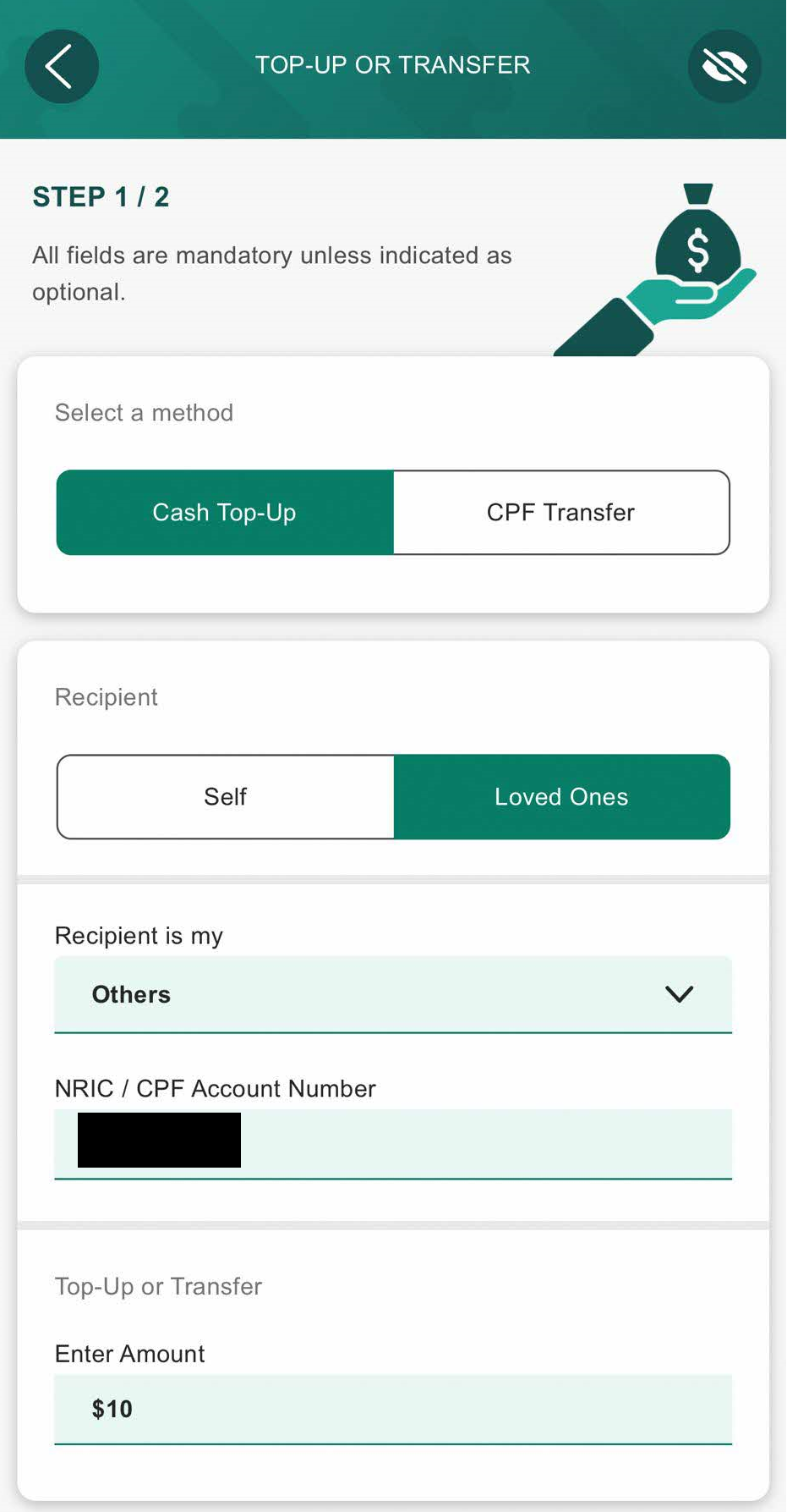 step 1 to make a CPF cash top-up