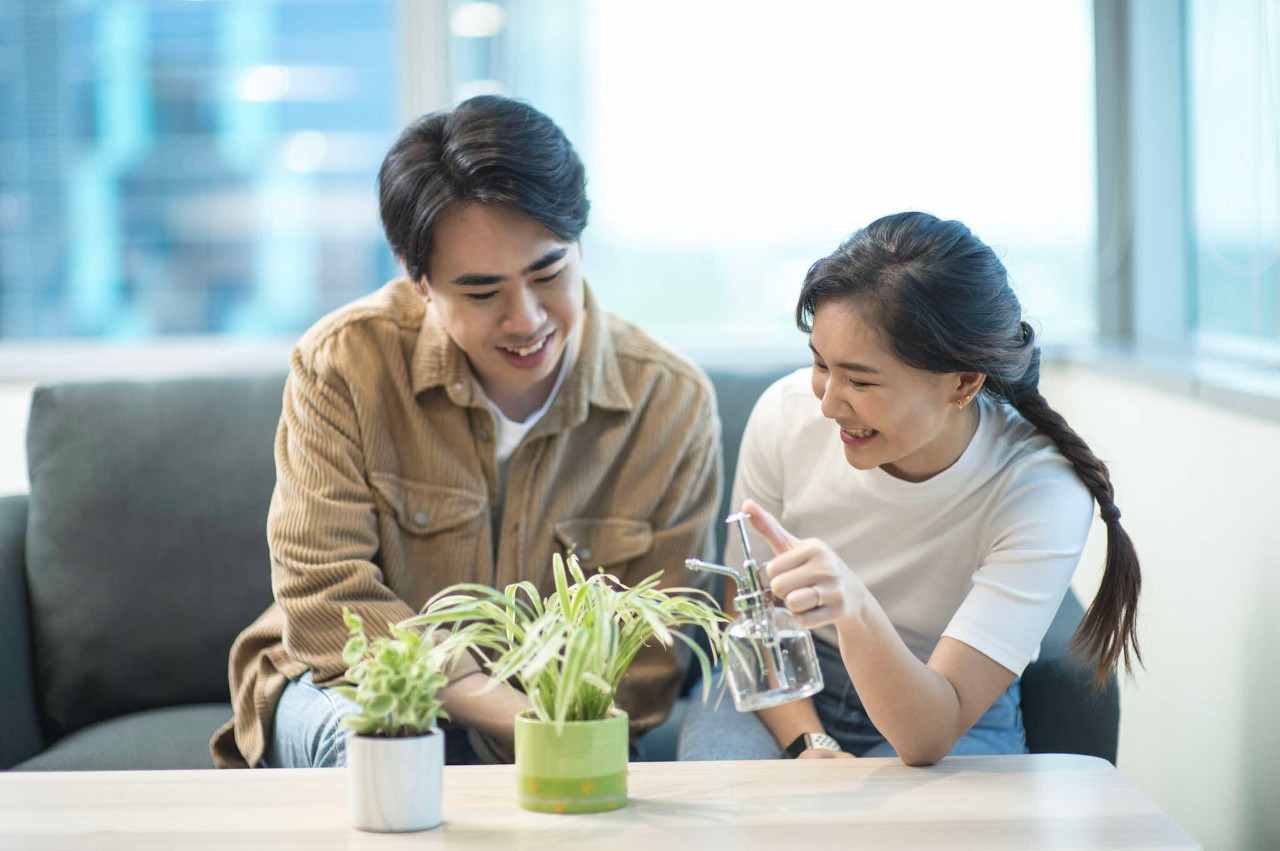 Young couple watering plant 