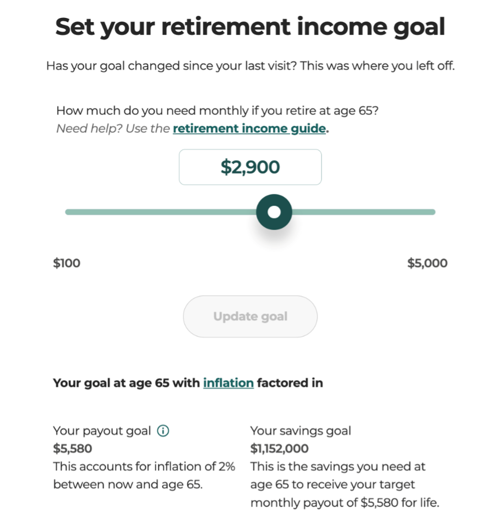 Screenshot of the CPF Planner - setting your retirement goal step