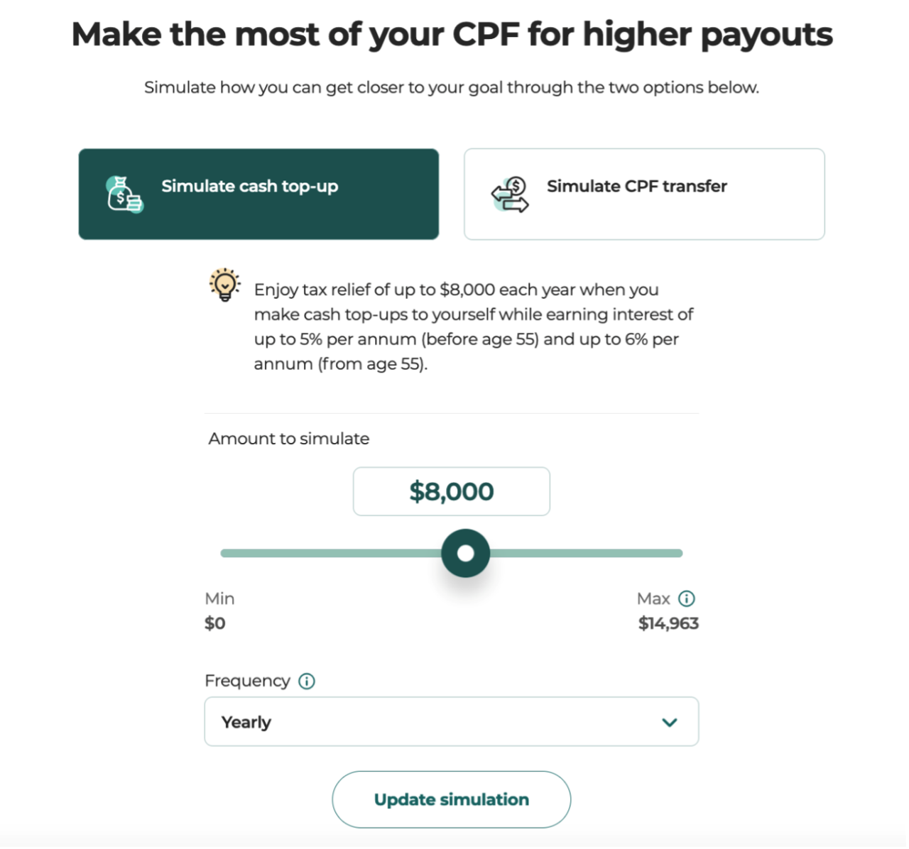 Screenshot of the CPF Planner - Stimulate cash top-up