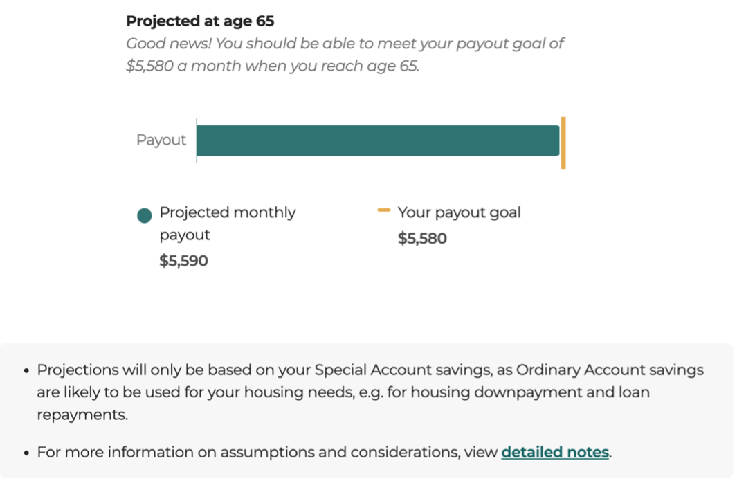 Screenshot of the CPF Planner - Projected monthly payout at age 65