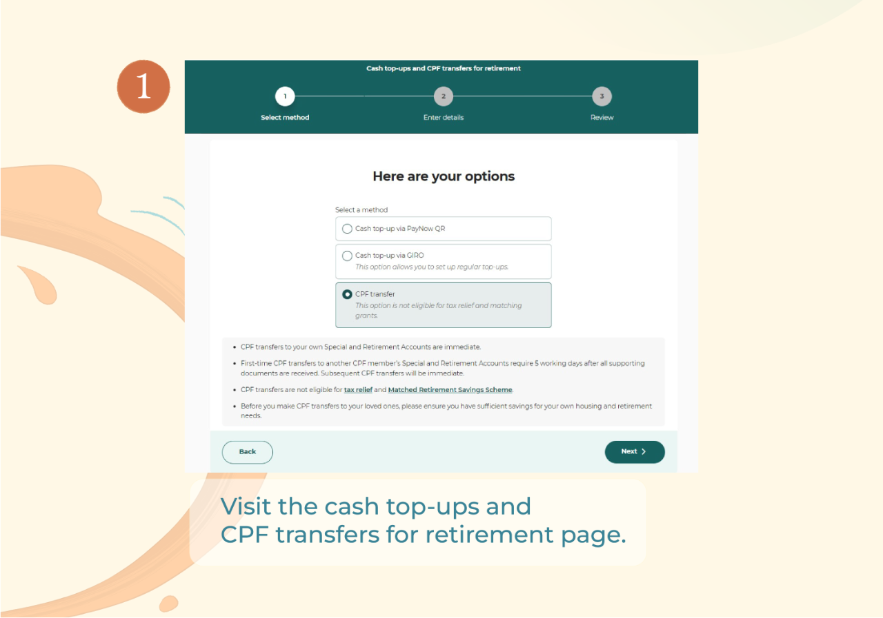 Cash top-ups and CPF transfers for retirement page
