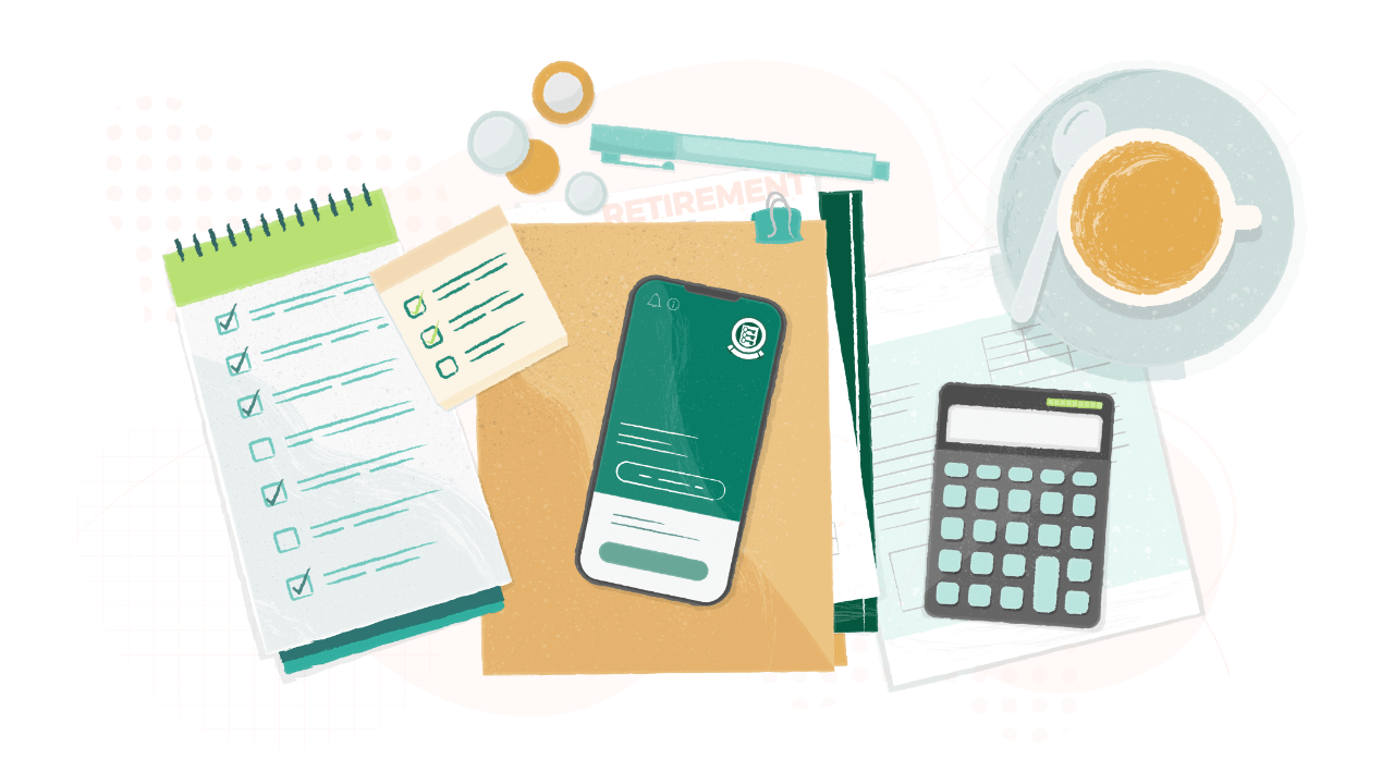 Infographic with notebooks, calculator, mobile phone and coffee on the table