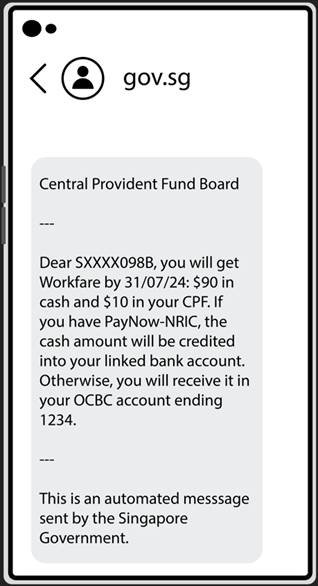 Image of an SMS with "gov.sg" ID
