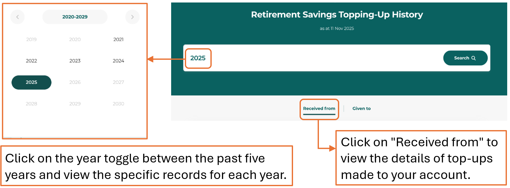 Image 1: Retirement Savings Topping-Up History. "Click on year toggle between the past five years" and Click on "Received from"